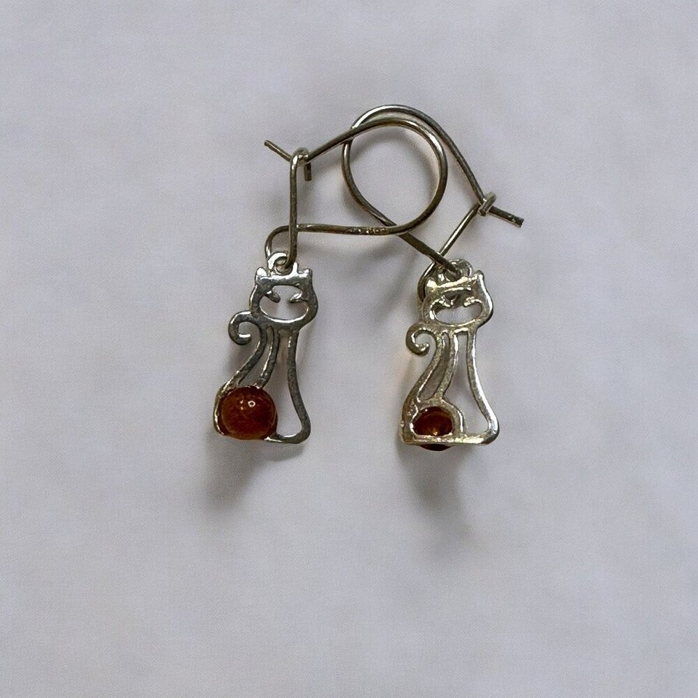 Sterling Silver 925 Petite Baltic Amber Silver Kitten Earrings - Picture 10 of 12